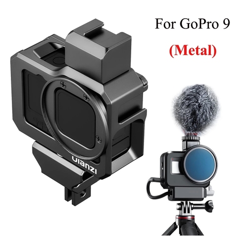 Jaula de Metal para GoPro Hero negro 9 marco de aluminio funda carcasa 2 zapatos fríos montaje 52mm anillo adaptador de filtro para gopro 9 accesorio ► Foto 1/6