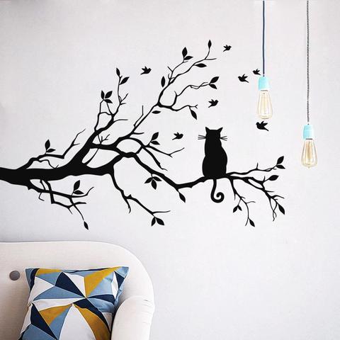 Pegatina de pared de rama de árbol y gato para sala de estar, Fondo de sofá, dormitorio, decoración pegatinas de papel tapiz tallado a mano ► Foto 1/5