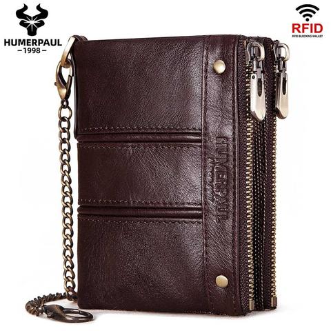 HUMERPAUL-cartera de piel auténtica con cremallera para hombre, monedero pequeño con bolsillo para monedas, tarjetero Rfid ► Foto 1/6