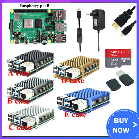 Raspberry Pi 4 Modelo B, Kit de 8GB + caja de aluminio + interruptor de alimentación 3A + HDMI, Cable compatible con opción 64, 32GB, tarjeta SD | Lector ► Foto 1/5