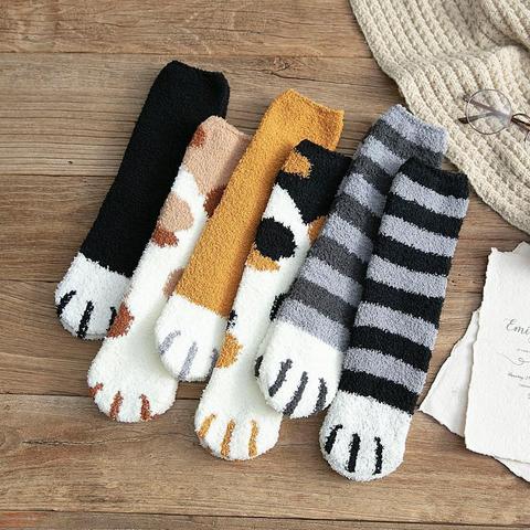 Calcetines cálidos de invierno para mujer, con Linda pata de gato, forro polar, Coral, para el suelo, esponjosos, para dormir, para cama, Navidad, 2 pares ► Foto 1/6