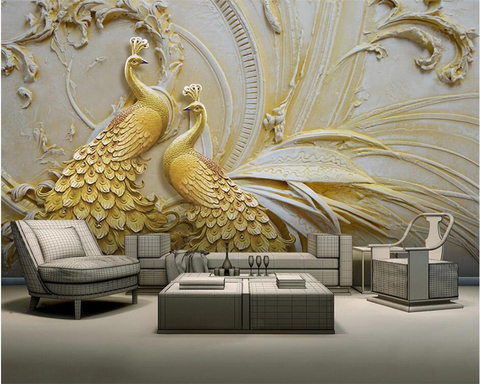 Beibehang-papel tapiz personalizado de moda moderna, mural de fondo de pavo real dorado con relieve tridimensional ► Foto 1/6