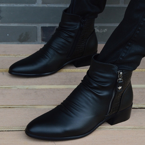 Botas de cuero con cremallera para hombre, botines a la moda, calzado de vestir negro, otoño ► Foto 1/6