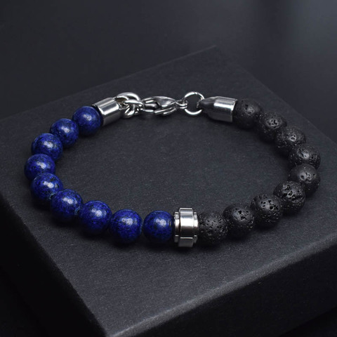 Pulsera de acero inoxidable para hombre y mujer, brazalete con cuentas de piedras mezcladas de 2 colores, brazalete para hombre y mujer ► Foto 1/4