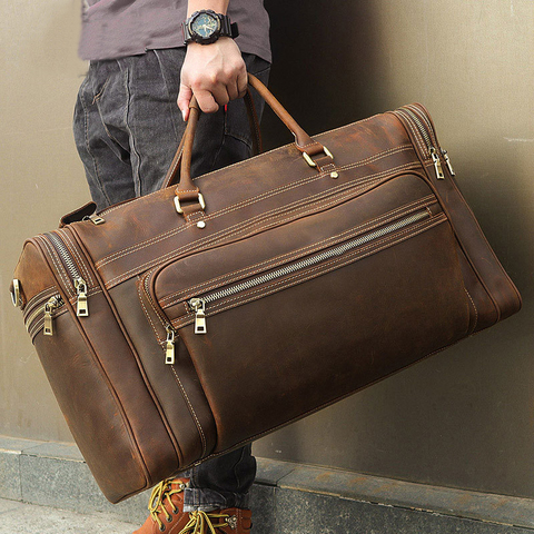 Bolso de viaje grande de cuero genuino para ordenador portátil de 17 pulgadas, bolsa de equipaje de mano para hombre, de cuero de vaca duradero, espacioso bolso de viaje ► Foto 1/1