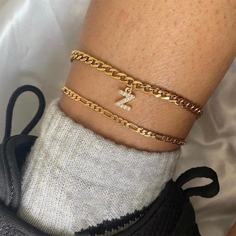 Pequeño A-Z inicial carta pulseras para mujeres Acero inoxidable letras doradas Eslabón cubano tobillera pulsera de la joyería de Boho, regalo de Navidad ► Foto 1/6