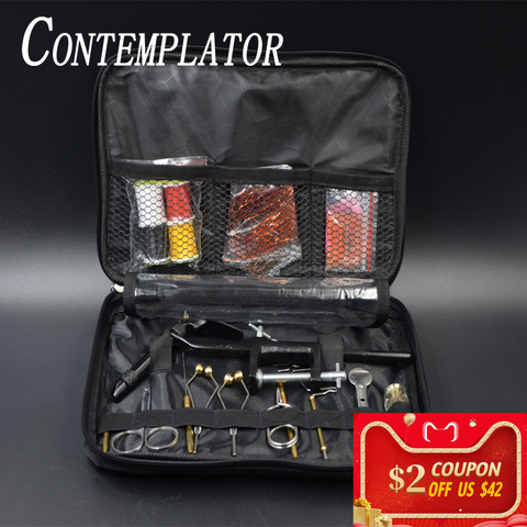 Kit de herramientas de atado de moscas completo, incluye bolsa portátil, incluye tornillo de banco, tijeras, Hackle, apilador de pelo, juego de herramientas de atado de moscas ► Foto 1/6