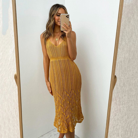 Foridol-Vestido largo de punto sin mangas para mujer, vestido elegante ahuecado, blanco, ceñido, para oficina, para otoño ► Foto 1/5