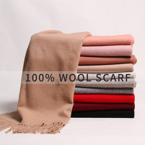 Las mujeres de invierno bufanda 100% puro Woo sólido Echarpe envuelve para Fular de mujer Femme con borla cálida Merino rojo bufandas de lana de Cachemira ► Foto 1/6