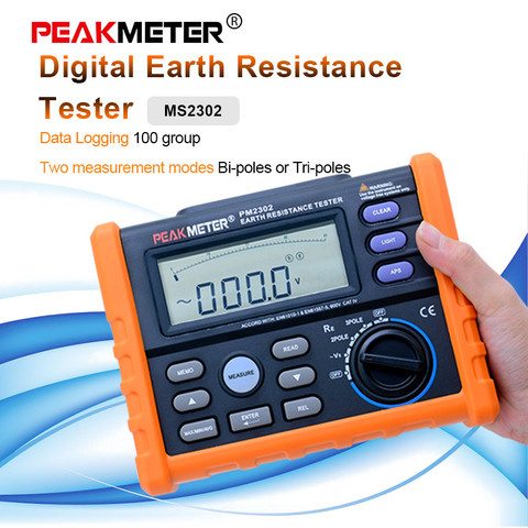 Medidor de resistencia de Tierra Digital PEAKMETER PM2302, medidor de voltaje de 0 ohm a 4K ohm, 100 grupos de registro de datos con retroiluminación ► Foto 1/6