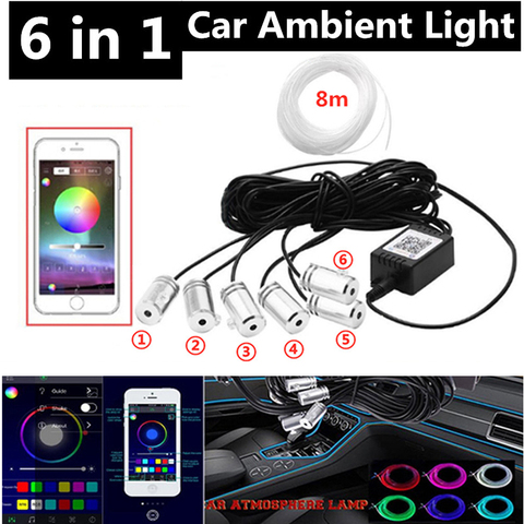 Luz LED 6 en 1 RGB para coche, luz de ambiente, tiras de fibra óptica Interior, luz por aplicación, Control de música, banda de fibra óptica de 8M ► Foto 1/6