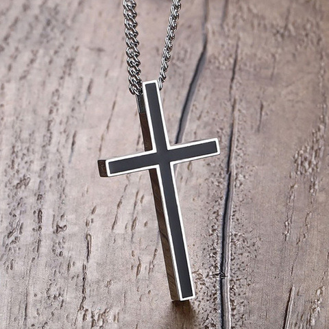 Meaeguet clásico negro Jesús Cruz collares colgantes para hombres Acero inoxidable oración crucifijo hombre Chocker cadena 24 