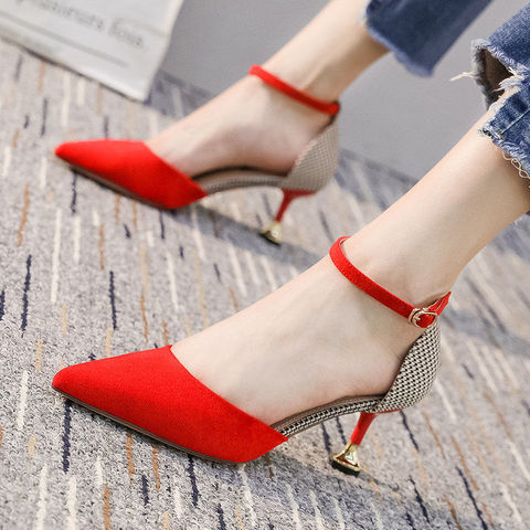 Zapatos de tacón alto con punta puntiaguda para mujer, calzado con correa de Hebilla negra, informales, cómodos, color rojo, para oficina y fiesta, G6006 ► Foto 1/6