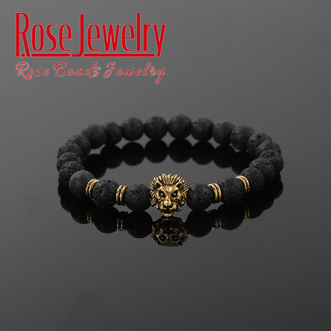 Pulsera con cuentas de Lava Natural para hombre y mujer, brazalete con abalorios de piedra Natural en Color dorado y plateado con cabeza de león ► Foto 1/6