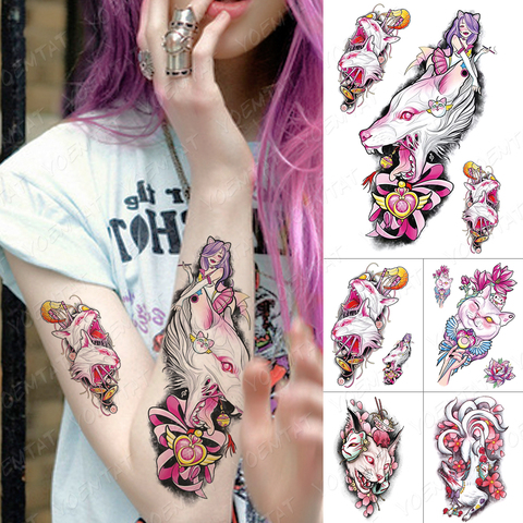 Pegatina de tatuaje temporal a prueba de agua para hombres y mujeres, mascarilla con diseño de gato japonés, Sailor Moon, Flash, Fox, arte corporal, Tatuaje falso brazo ► Foto 1/6