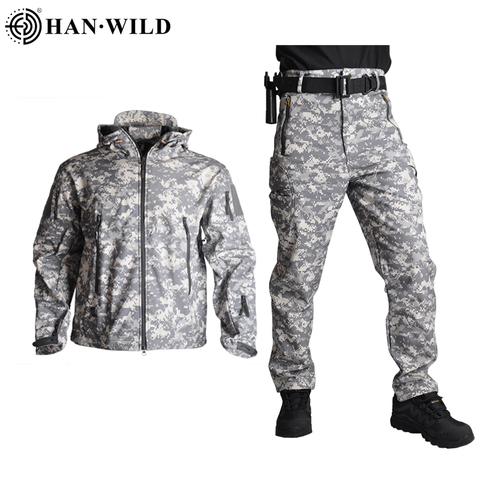 HAN WILD TAD-chaquetas tácticas militares para hombre, traje de caza de camuflaje a prueba de viento, chaqueta de senderismo militar de piel de tiburón + Pantalones 5XL, Chaqueta con funda suave ► Foto 1/6