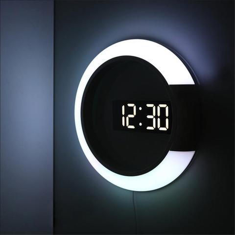 Reloj de pared con espejo LED, alarma de luz multifuncional con pantalla de temperatura en forma de anillo reloj de decoración para el hogar ► Foto 1/6