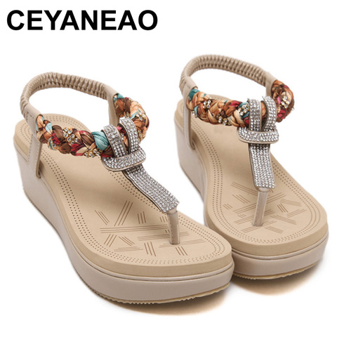 CEYANEAO-Sandalias de plataforma para mujer, sandalias de playa de Bohemia con diamantes de imitación y Correa en T, zapatos de mujer de talla grande BZT704 ► Foto 1/6