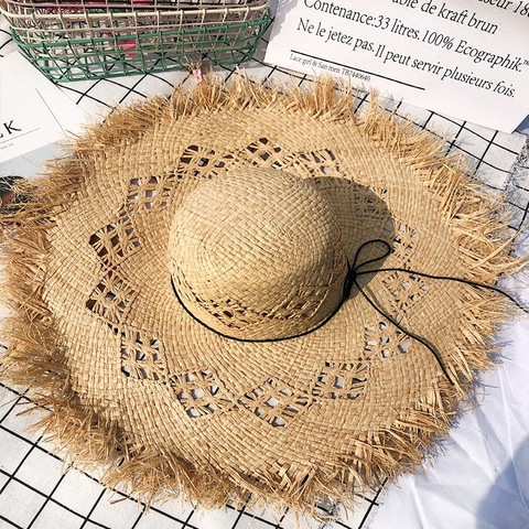 Verano de las mujeres hecho a mano rafia Natural sombrero de paja Niña de alta calidad Panamá de ala ancha sombreros de sol Vacaciones de playa de paja tapas ► Foto 1/6