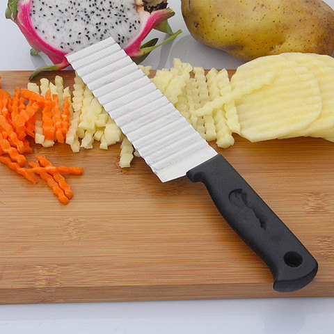 Cortador de patatas fritas de acero inoxidable, hoja dentada, rebanar vegetales, rebanador de frutas, cuchillo ondulado, accesorios de cocina ► Foto 1/6