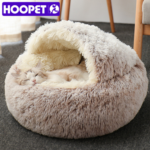 HOOPET-cama redonda para gato, nido para cachorro, cueva larga, peluche de Mascota para cama, cálida, 2 en 1, cojín para gato, sofá para dormir ► Foto 1/6