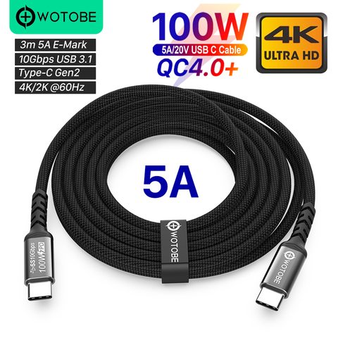 Cable 3m 10ft USB-C a C 5A E-MARK PD100W USB 3,1 Gen2 10Gbps 4K 60Hz vídeo tejido de nailon aleación línea de alimentación para ordenadores portátiles ► Foto 1/6