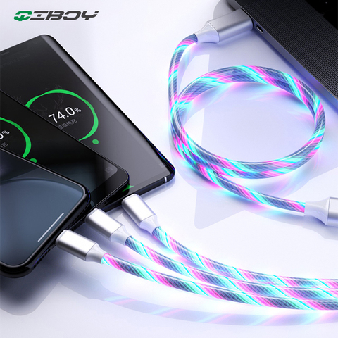 Cable USB tipo C 3 en 1, Cable con flujo luminoso de 1,2 M, iluminación LED, carga rápida, microcargador USB, para iPhone y Samsung ► Foto 1/6