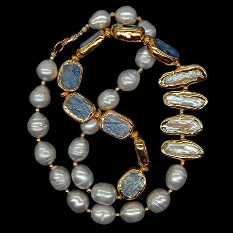 Y-collar de perlas de arroz gris cultivadas en agua dulce, collar de cianita azul perla blanca Biwa 23