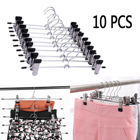 10 Uds. De perchas de faldas de Metal de acero inoxidable para pantalones, perchas de secado, soporte para pantalones con 2 Clips ajustables ► Foto 1/6