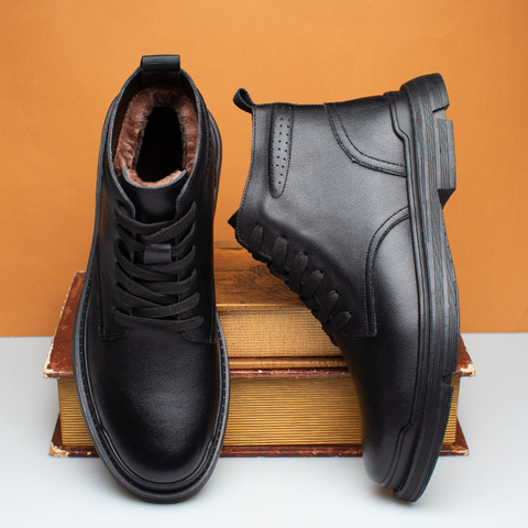 Zapatos de piel auténtica de 100% para hombre, botas de suela gruesa cálidas de felpa, botines de cuero de vaca, calzado negro, otoño e invierno, KA3094 ► Foto 1/6