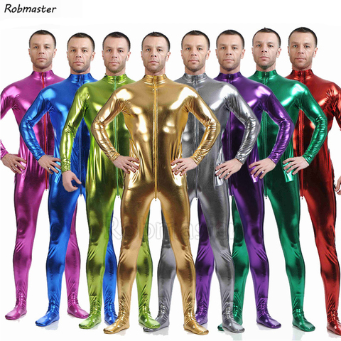 Traje de látex negro brillante para hombre, medias metálicas doradas, traje Zentai sin cabeza, mono con cremallera frontal ► Foto 1/6