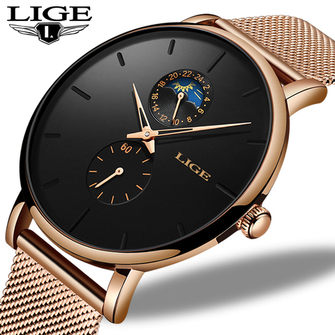 LIGE-reloj analógico de acero inoxidable para mujer, accesorio de pulsera de cuarzo resistente al agua con calendario, complemento masculino de marca de lujo con estilo informal, perfecto para regalo ► Foto 1/6