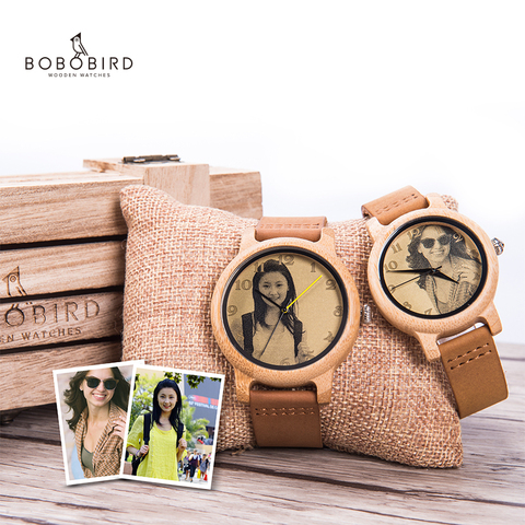 BOBO BIRD-Reloj de Foto madera láser de alta precisión para parejas, correa de cuero genuino, personalizado, regalo de Navidad único para él ► Foto 1/6