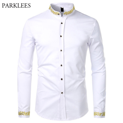 Bordado dorado Camisa blanca de la marca de los hombres con cuello alto nueva camisas de vestir para hombre Slim Casual manga larga Chemise Homme Camisa Masculina ► Foto 1/6