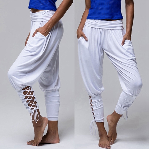 SFIT 2022 Yoga Pilates pantalones las mujeres sólido blando de pantalones de gimnasio suelto vendaje de cintura alta bolsillo pantalón ► Foto 1/6