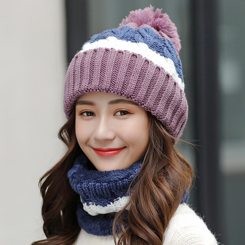 Nueva marca de sombreros de Invierno para mujer de punto grueso gorros calientes sombrero babero femenino a prueba de viento ciclismo lana costura tejer tapas de cobertura conjuntos 2 ► Foto 1/6