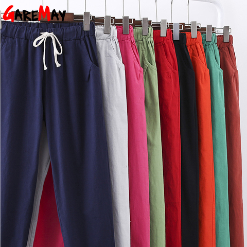 Pantalones informales de longitud larga del tobillo para mujer, pantalón de talla grande, cintura elástica, suave, de lino y algodón, S-XXXL, verano y otoño, 2022 ► Foto 1/5