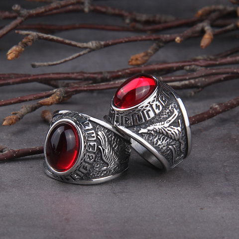 Anillo de piedra roja de acero inoxidable para hombre, anillo de cuervo Vikingo y Lobo, anillo de runas que no se destiñe, regalo, 2022 ► Foto 1/6