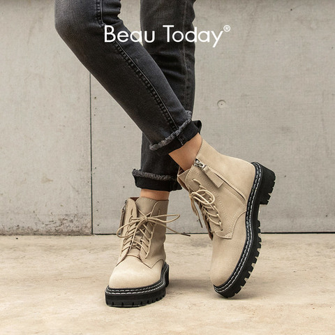 BeauToday-Botines de piel auténtica con plataforma y cremallera para mujer, botas de invierno hechas a mano, con encaje de gamuza, 03443 ► Foto 1/6