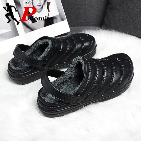 PULOMIES-Zapatillas de piel para hombre y mujer, pantuflas cálidas para invierno, impermeables para interiores, pantuflas informales de felpa para pareja de pantuflas ► Foto 1/6