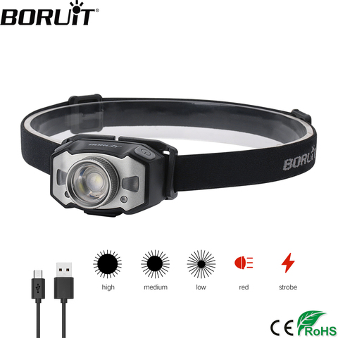 BORUiT-Mini linterna frontal B33 XP-G2 + 2*3030, luz roja LED con Sensor de movimiento IR, Zoom de 5 modos, linterna de cabeza recargable, luz de caza ► Foto 1/6