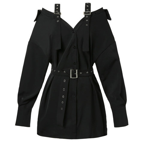 Vestido corto femenino gótico con tirantes y cinturón, minivestido Sexy de otoño para fiesta, color negro, sin hombros, estilo Punk, 2022 ► Foto 1/6