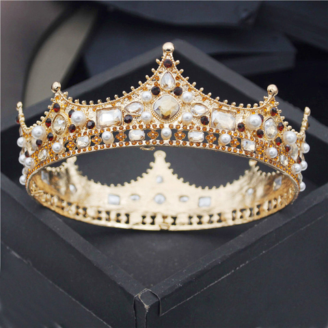 Diadema barroca de rey real para hombre, tiara de Metal de perlas de cristal, corona de boda, joyería para el cabello, adornos de cabeza grande, accesorios para fiesta de graduación ► Foto 1/6