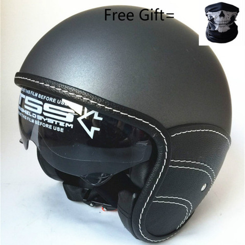 Media cara Vintage casco de la motocicleta Retro alemán Kask de Cafe Racer Scooter... crucero helicóptero mate negro mitad de cuero DOT ► Foto 1/6