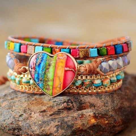 Pulsera de cuero con piedra con forma de corazón para mujer, brazalete con 3 hebras, estilo romántico ► Foto 1/4