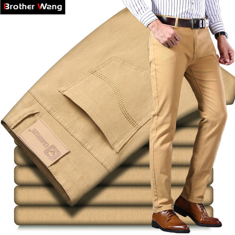 Pantalones vaqueros de estilo clásico para hombre, Jeans rectos elásticos de Color sólido a la moda, de marca, Color caqui, novedad de 2022 ► Foto 1/6