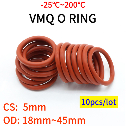 Junta de sellado VMQ O Ring, espesor CS 5mm OD 18 ~ 45mm, goma de silicona, lavadora a prueba de agua, forma redonda, no Toxi, color rojo, 10 Uds. ► Foto 1/3