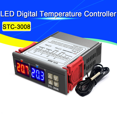 Doble Digital controlador de temperatura dos salida de relé termostato termoregulador 10A calefacción, refrigeración, STC-3008 12V 12V 24V 220V ► Foto 1/4