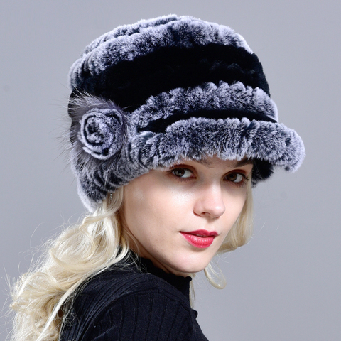 2015 invierno mujer Gorro con pelo sombrero visera conejo Rex piel rusa Gorro con pelo tapa del borde 4cm de alto 22cm cálido gorro suave LQ11041 ► Foto 1/6