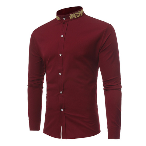 Camisas de vestir con bordado dorado para hombre 2022, Camisa ajustada de cuello levantado para hombre, camisa informal de manga larga para hombre, camisa Social para hombre ► Foto 1/1